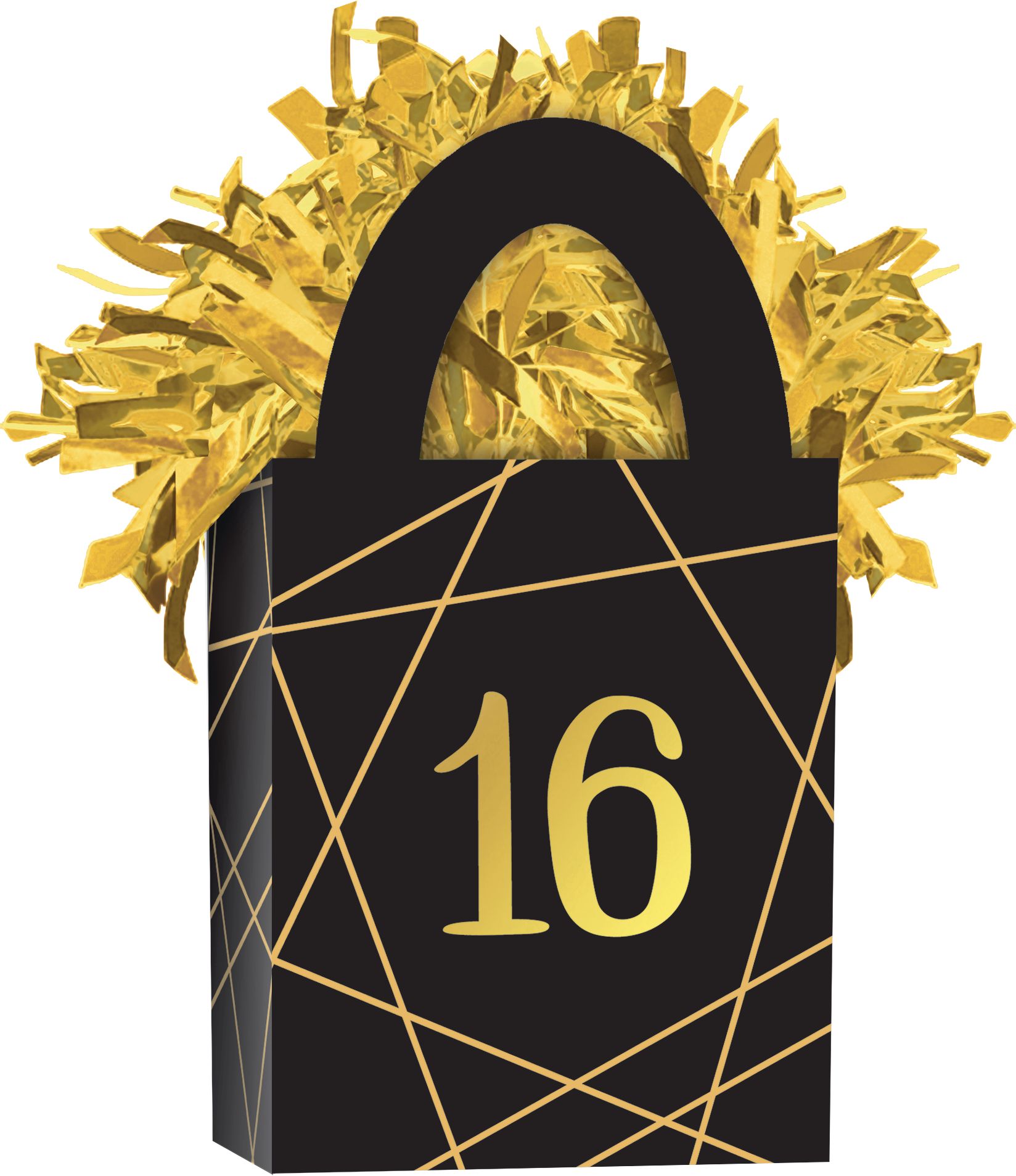 Sweet Sixteen "16" Gift Bag Shaped Balloon Weight Accessory, Black/Gold, 5.5-in, for Birthday Party Front_Angled_Right