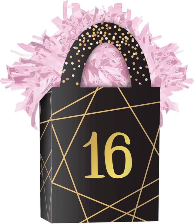 Sweet Sixteen "16" Gift Bag Shaped Balloon Weight Accessory, Black/Gold, 5.5-in, for Birthday Party Front_Angled_Right