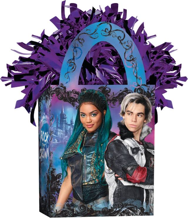Disney Descendants Mal & Evie Gift Bag Shaped Balloon Weight Accessory, Blue/Purple, 5.5-in, for Birthday Party Front_Angled_Right