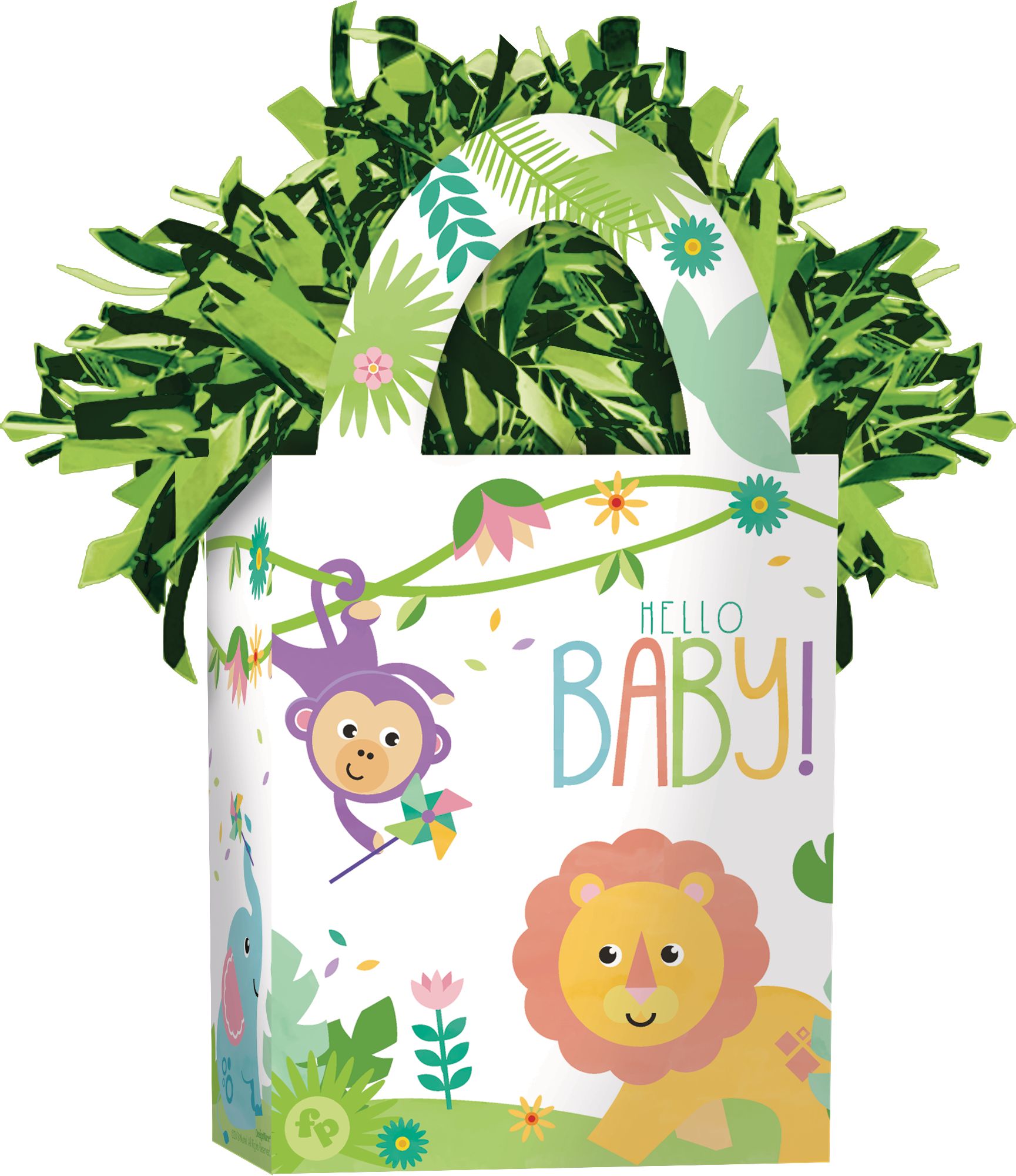 "Hello Baby" Gift Bag Shaped Balloon Weight Accessory, Green/White, 5.5-in, for Baby Shower Front_Angled_Right