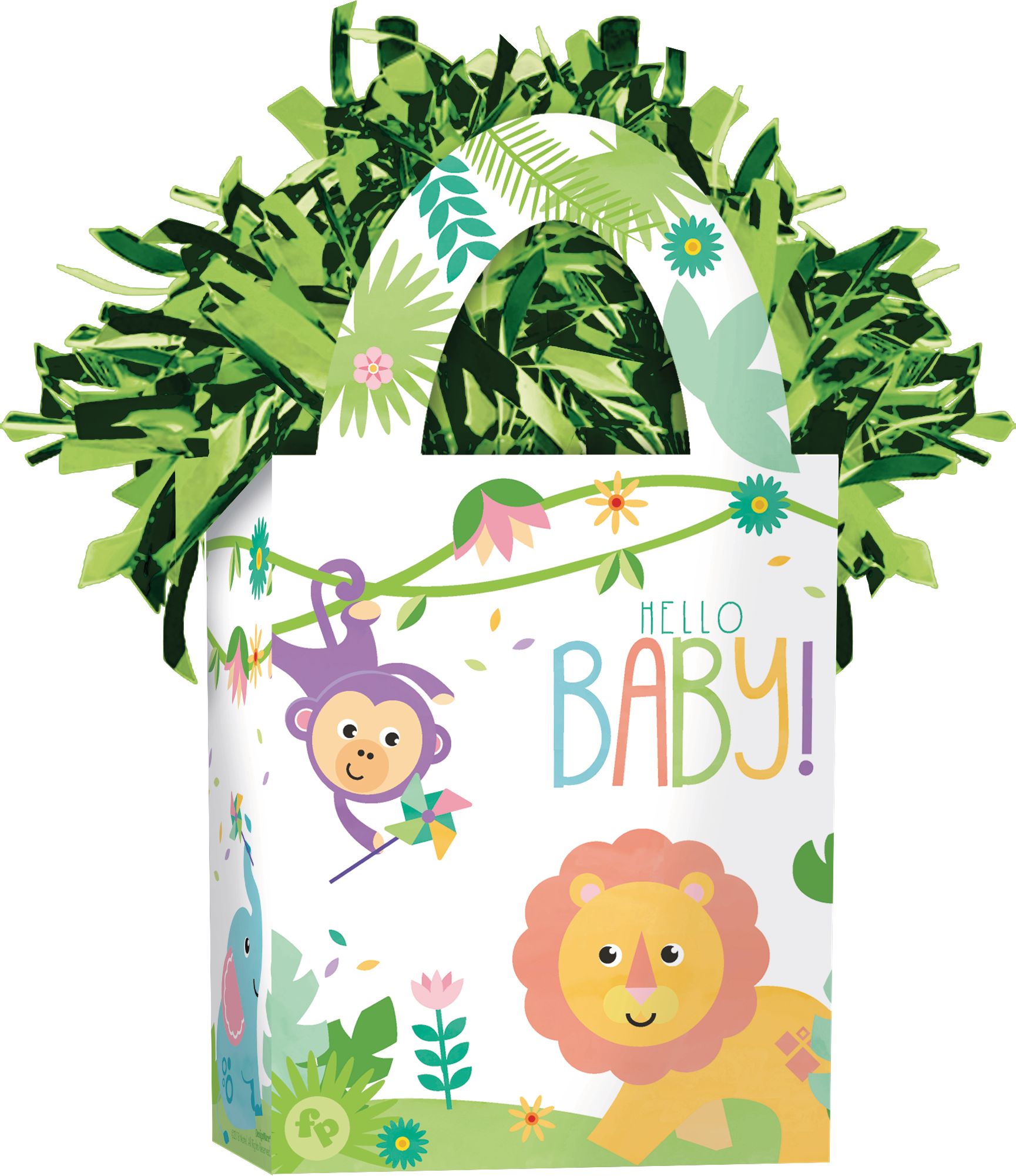 "Hello Baby" Gift Bag Shaped Balloon Weight Accessory, Green/White, 5.5-in, for Baby Shower Front_Angled_Right