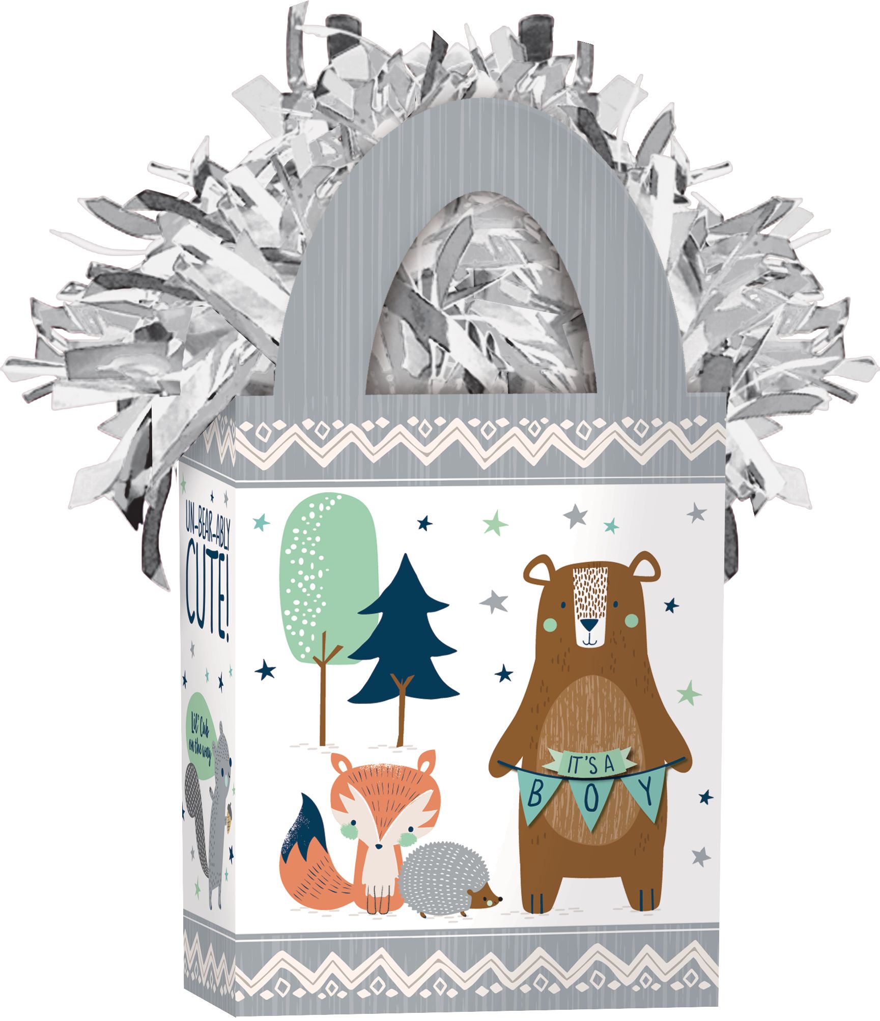 Poids pour ballons en forme de sac-cadeau ours et renard Un-Bear-Ably Cute, argent, 5,5 po, pour fête prénatale Front_Angled_Right