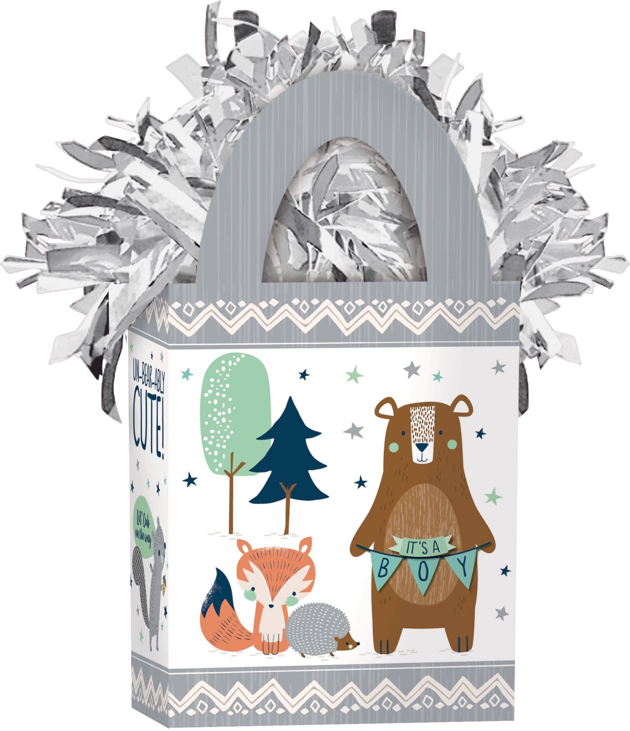 Bear & Fox "Un-Bear-Ably Cute" Gift Bag Shaped Balloon Weight Accessory, Silver, 5.5-in, for Baby Shower Front_Angled_Right