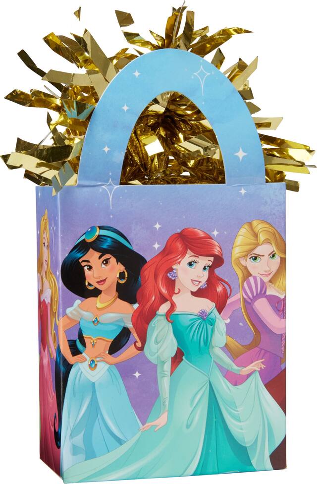 Disney Princess Once Upon A Time Belle/Cinderella/Jasmine/Ariel Gift Bag Shaped Balloon Weight Accessory, Gold/Blue, 5.5-in, for Birthday Party Front_Angled_Right