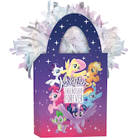 My Little Pony "Adventure and Friendship Forever" Gift Bag Shaped Balloon Weight Accessory, Purple, 5.5-in, for Birthday Party Front_Angled_Right