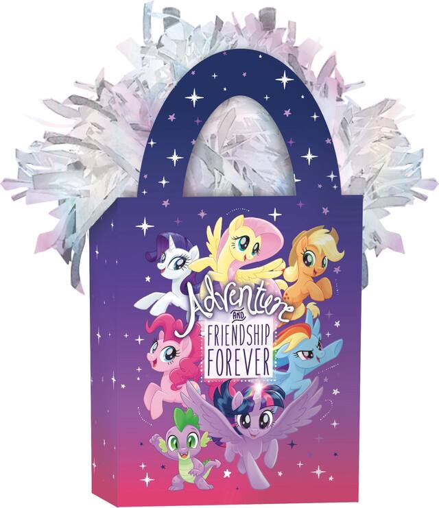 My Little Pony "Adventure and Friendship Forever" Gift Bag Shaped Balloon Weight Accessory, Purple, 5.5-in, for Birthday Party Front_Angled_Right
