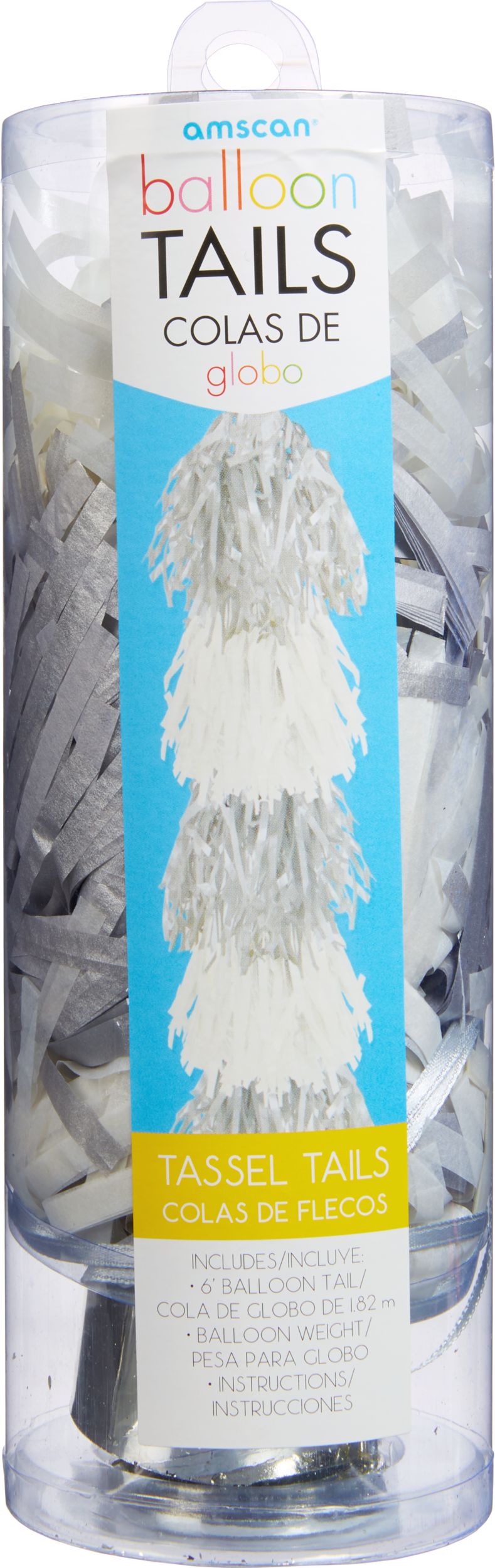 Tassel Fringe Balloon Weight Tail Accessory, Silver/White, 6-ft, for Graduation/New Year's Eve Front_Flat