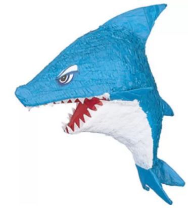 Décoration pinata suspendue requin, bleu/blanc, 19,5 po, peut contenir 2 lb de garniture à pinata, pour fêtes d'anniversaire/à la plage Front_Angled_Left