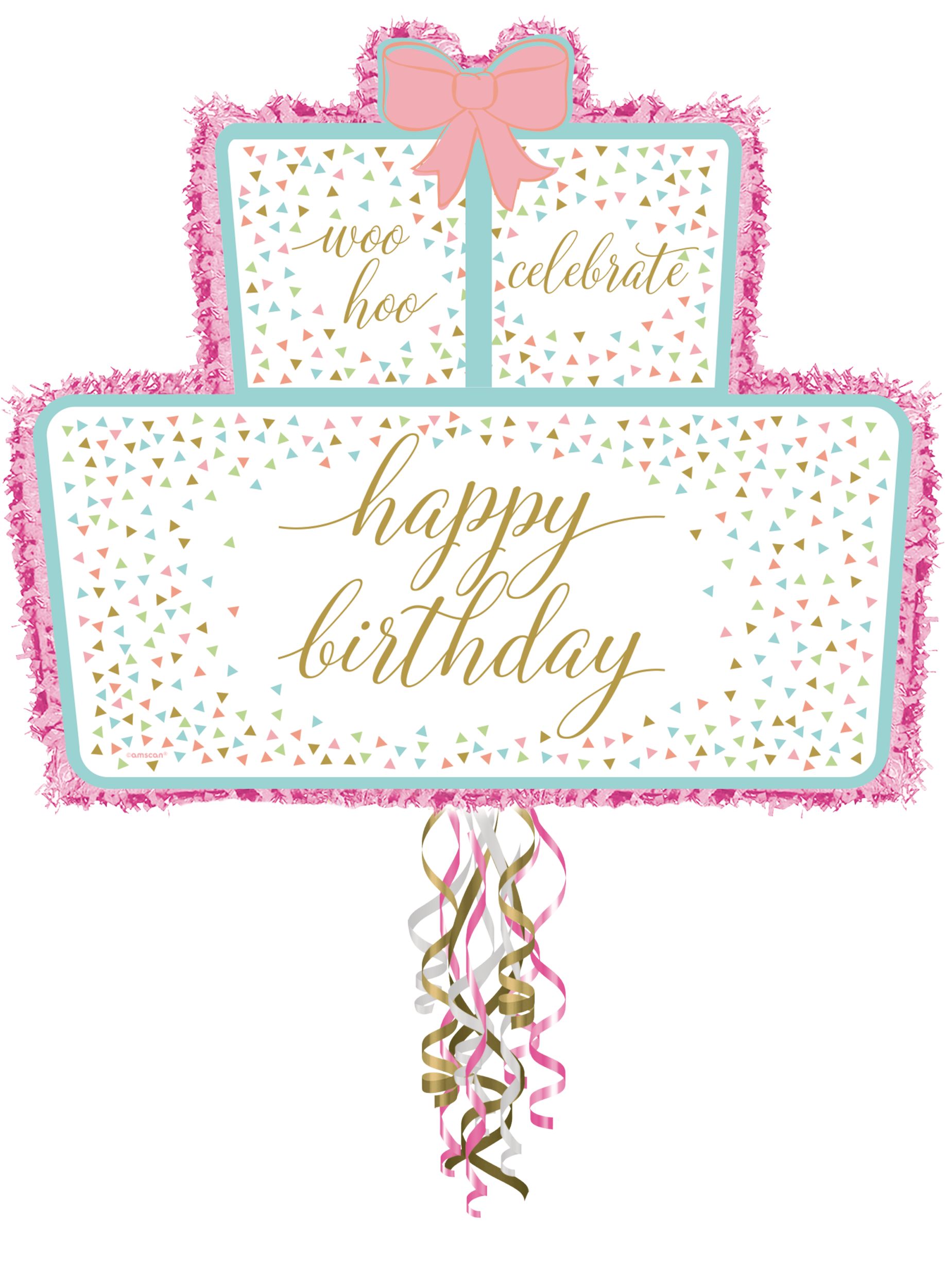 Pull String Pastel & Gold Confetti Birthday Cake Pinata Front_Flat