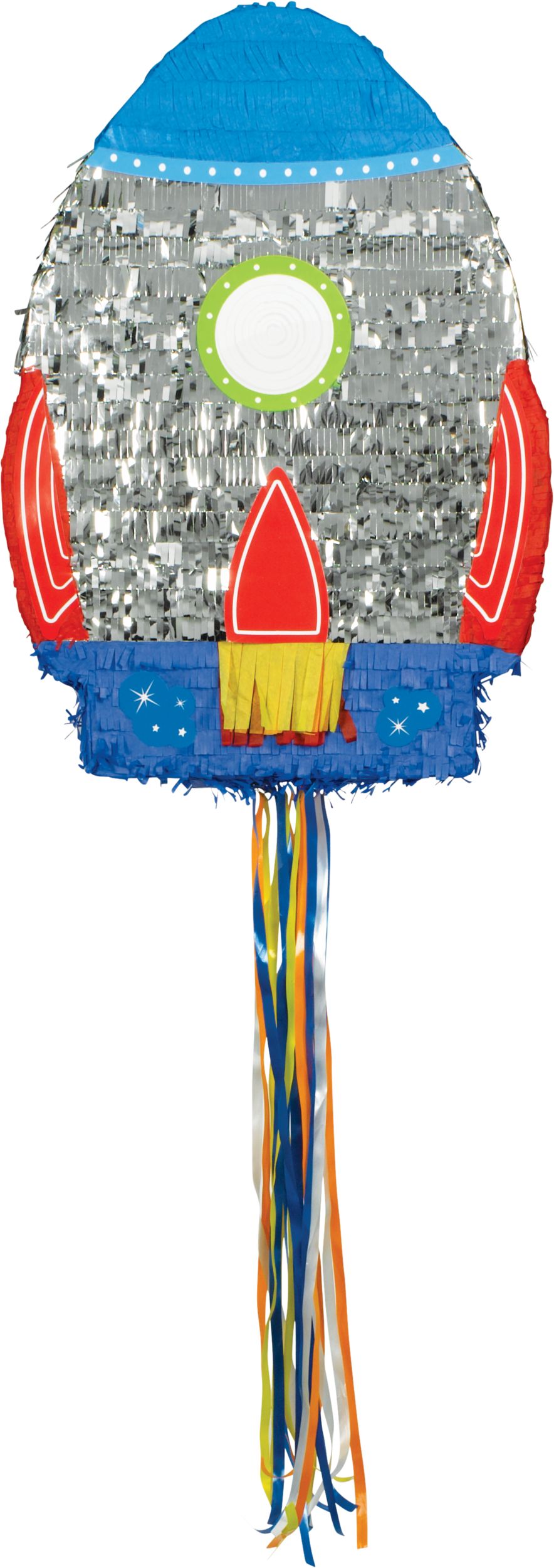 Blast Off Rocketship Pinata Hanging Pull String Decoration, Silver/Blue, 22-in, Holds 2lb of Pinata Filler, for Birthday Parties Front_Flat