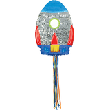 Décoration pinata à ficelle suspendue décollage de fusée, argent/bleu, 22 po, peut contenir 2 lb de garniture à pinata, pour fête d'anniversaire Front_Flat