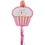 Pull String Pink Cupcake 1st Birthday Pinata Front_Flat