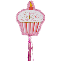 Pull String Pink Cupcake 1st Birthday Pinata Front_Flat