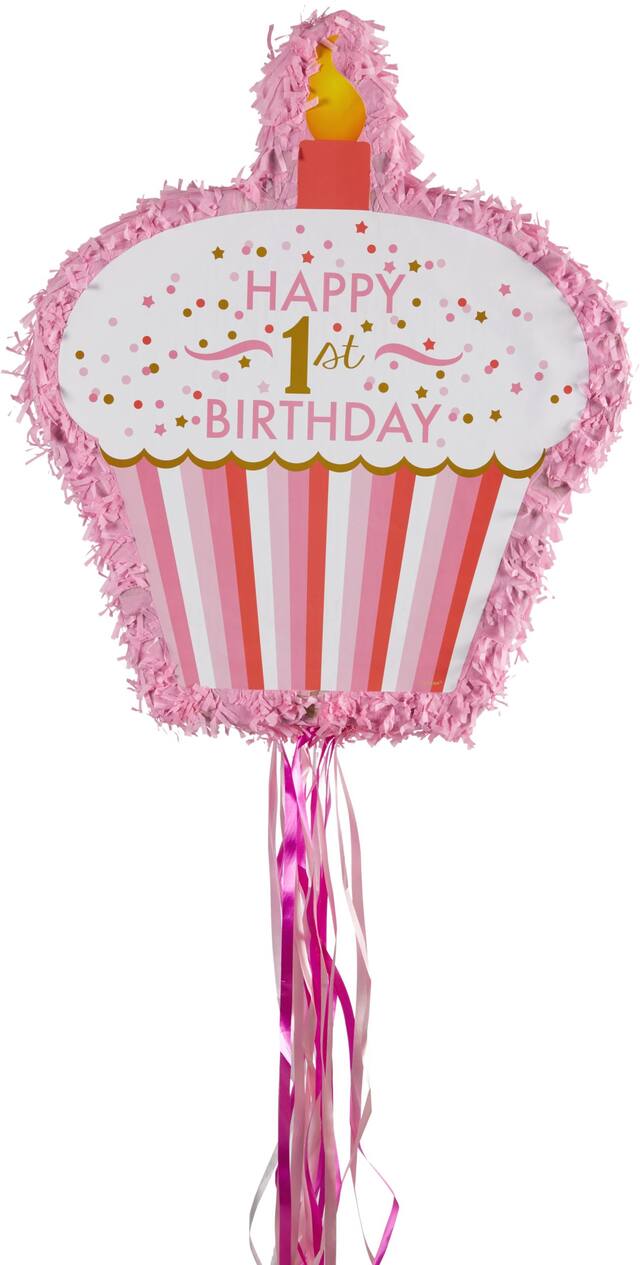 Pull String Pink Cupcake 1st Birthday Pinata Front_Flat