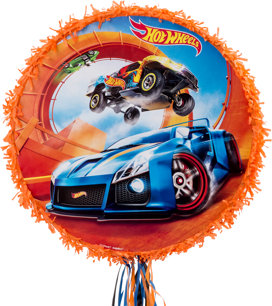 Mattel Hot Wheels Cars Pinata Hanging Pull String Decoration, Orange/Blue,  17-in, Holds 2lb of Pinata Filler, for Birthday Parties