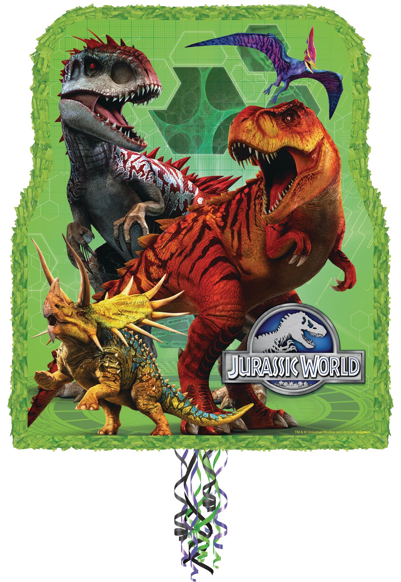 Jurassic World Dinosaur Pinata Hanging Pull String Decoration, for Birthday Parties Front_Flat