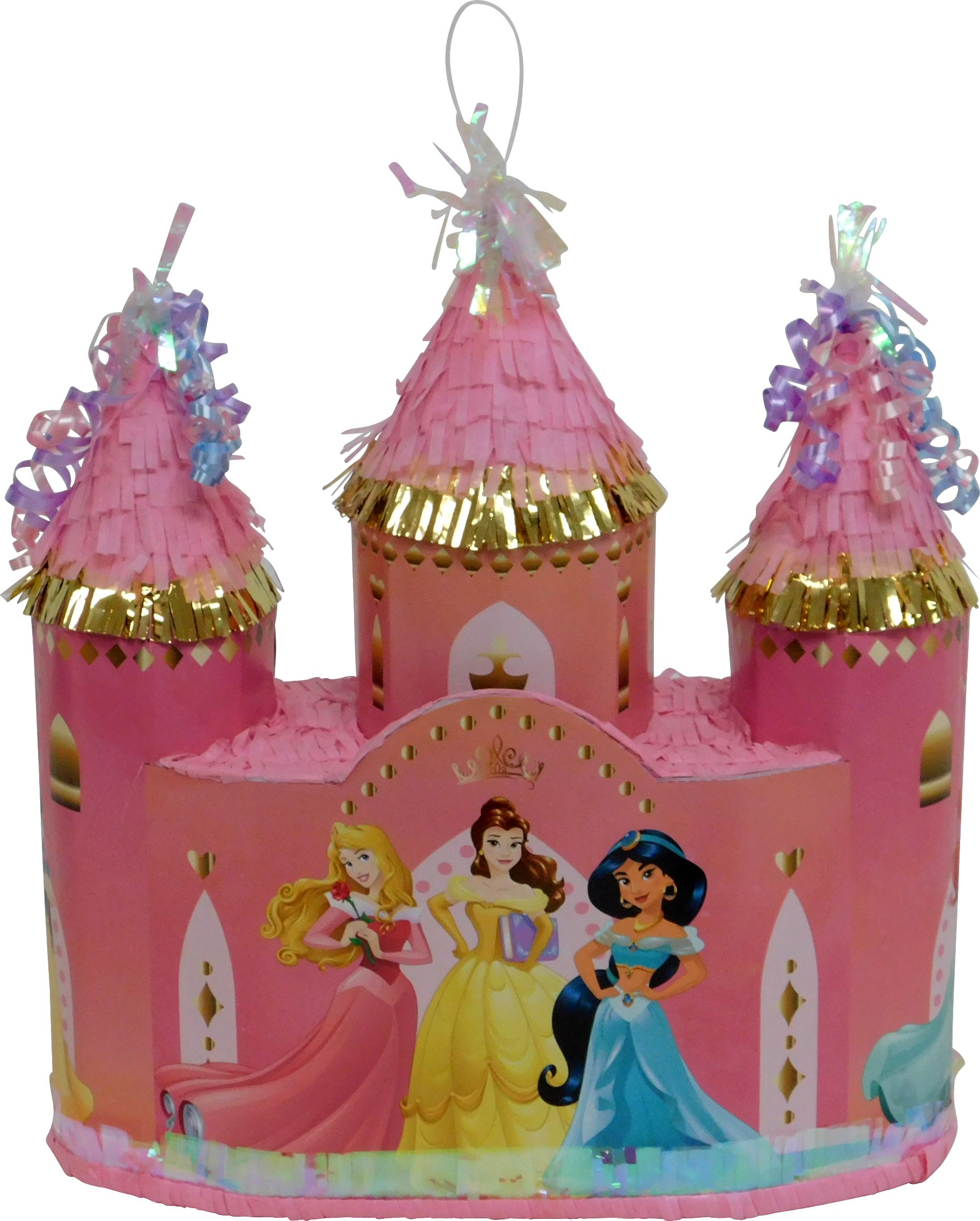 Disney Princess Once Upon A Time Castle Pinata Hanging Pull String Decoration, Pink, 16-in, Holds 2lb of Pinata Filler, for Birthday Parties Front_Flat
