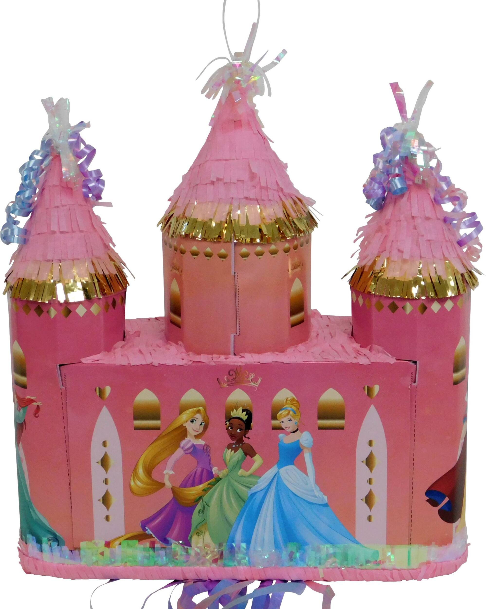 Disney Princess Once Upon A Time Castle Pinata Hanging Pull String Decoration, Pink, 16-in, Holds 2lb of Pinata Filler, for Birthday Parties Front_Flat