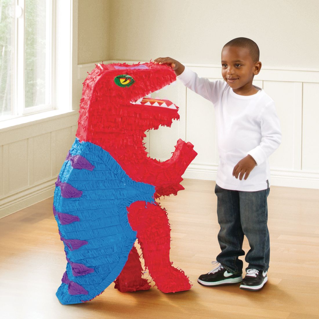 T-Rex Dinosaur Pinata Hanging Decoration, Red/Blue, 36-in, Holds 10lb of Pinata Filler, for Birthday Parties Front_Angled_Right