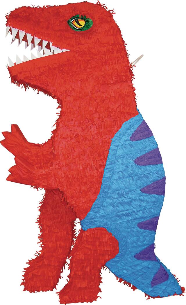T-Rex Dinosaur Pinata Hanging Decoration, Red/Blue, 36-in, Holds 10lb of Pinata Filler, for Birthday Parties Front_Flat
