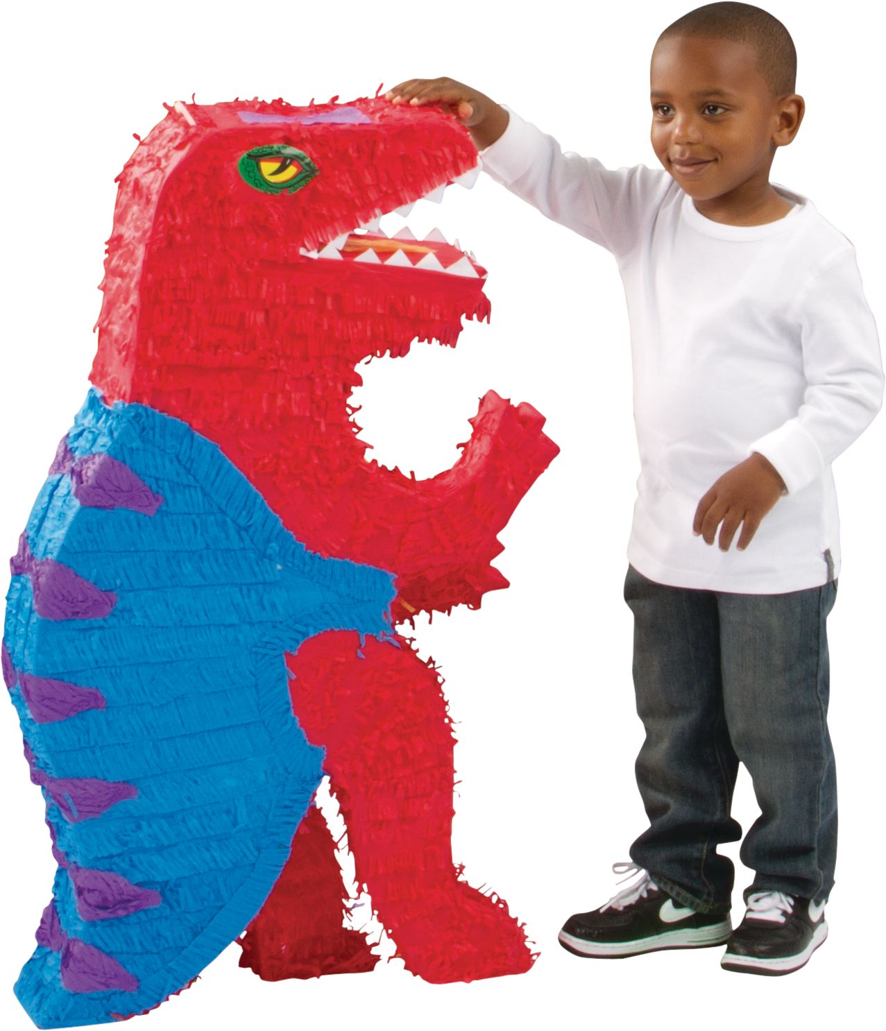 T-Rex Dinosaur Pinata Hanging Decoration, Red/Blue, 36-in, Holds 10lb of Pinata Filler, for Birthday Parties Front_Angled_Right
