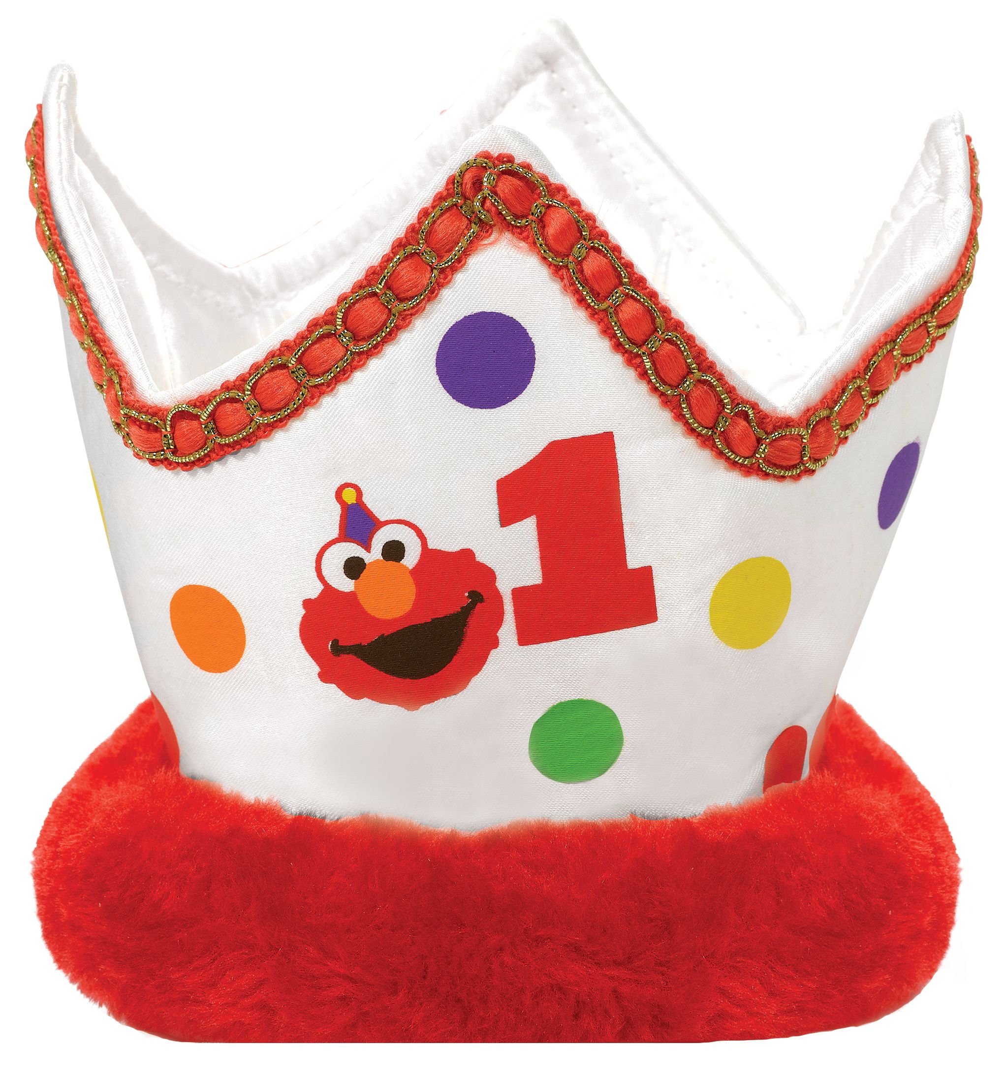Sesame Street "1" Elmo Fur Trim Plush Crown, White/Red Polka Dots, One Size, Wearable Accessory for Birthdays Front_Flat