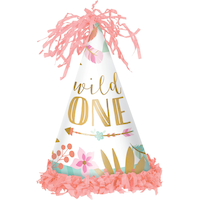 Boho 1st Birthday Party Hat, Gold/White/Pink Front_Flat