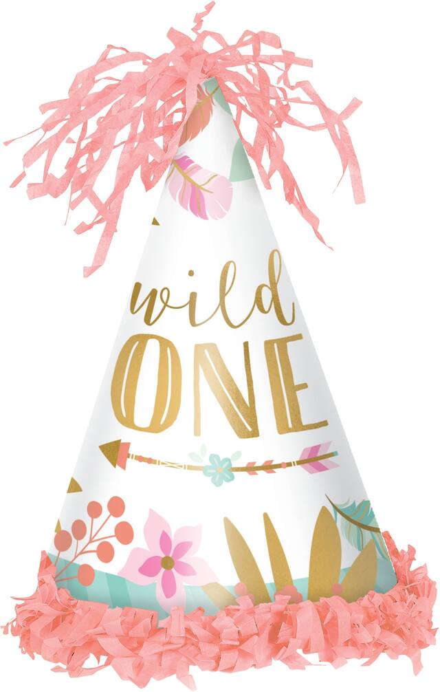 Boho 1st Birthday Party Hat, Gold/White/Pink Front_Flat