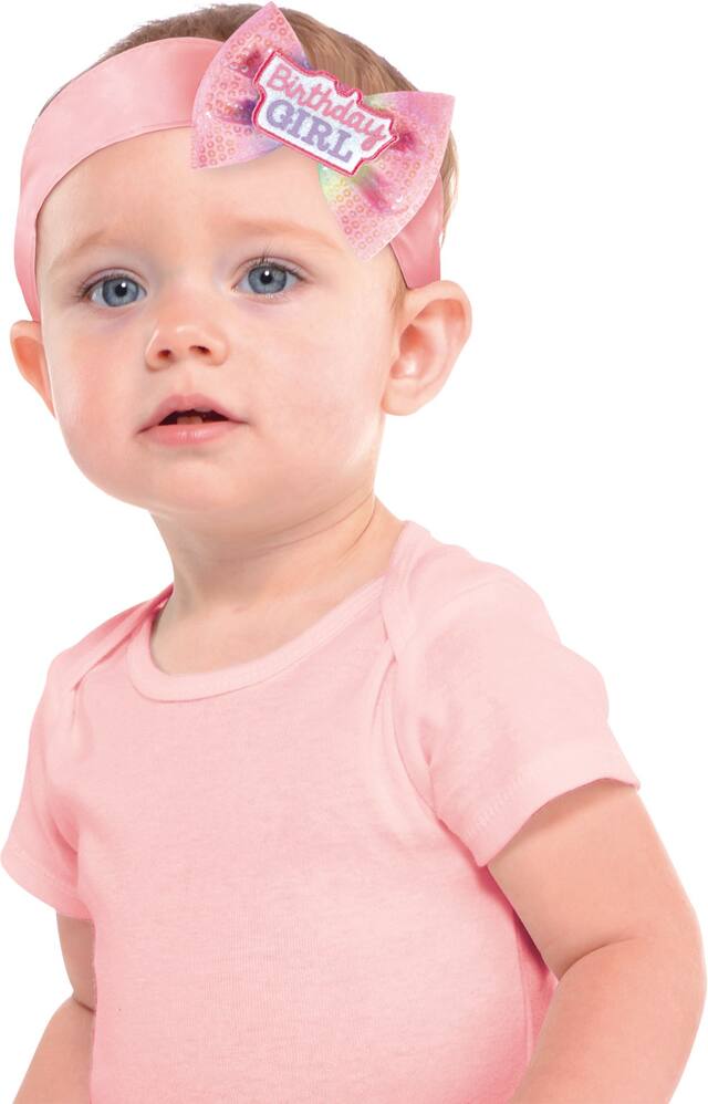 1st Birthday Girl Bow Headband, Pink Front_Flat