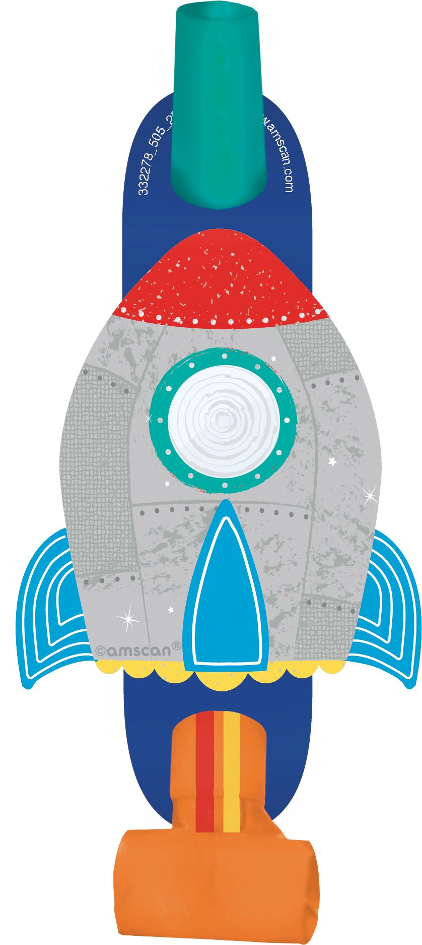 Blast Off Rocketship Blowout Noisemakers, Blue/Orange/Silver, 5-in, 8-pk, for Birthday Party Overhead_Flat