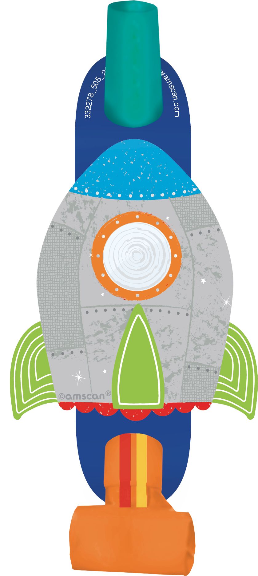 Blast Off Rocketship Blowout Noisemakers, Blue/Orange/Silver, 5-in, 8-pk, for Birthday Party Overhead_Flat