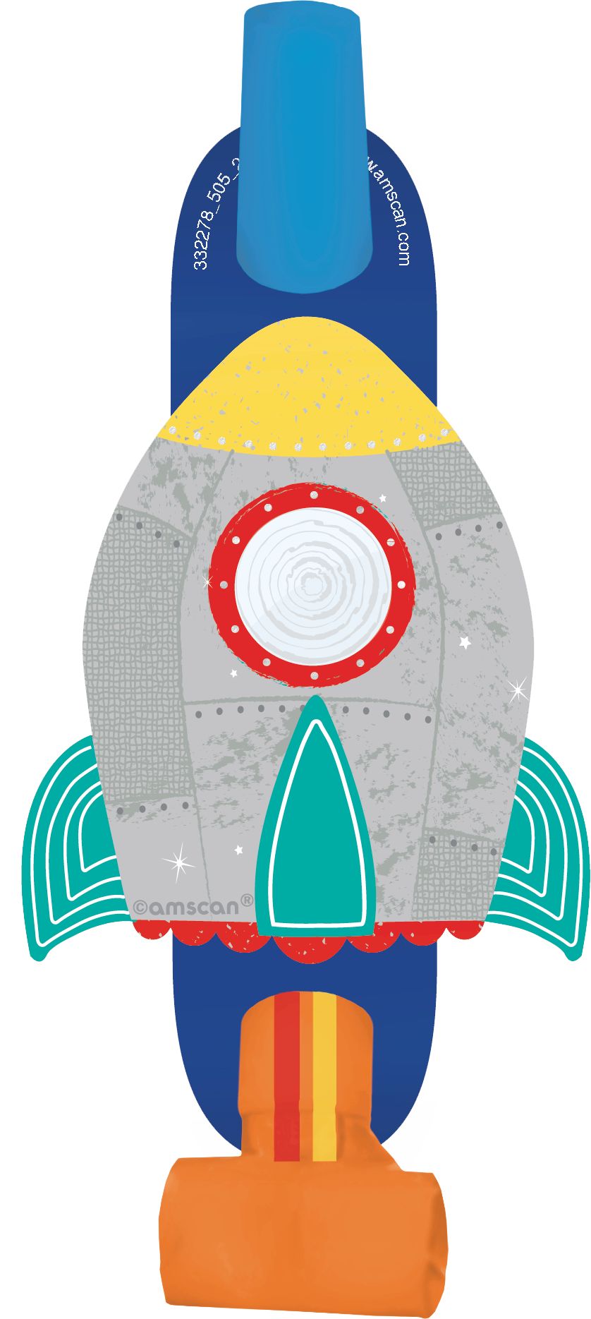 Blast Off Rocketship Blowout Noisemakers, Blue/Orange/Silver, 5-in, 8-pk, for Birthday Party Overhead_Flat