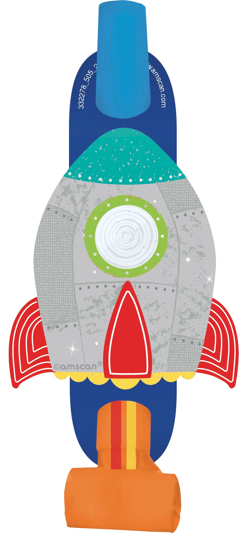 Blast Off Rocketship Blowout Noisemakers, Blue/Orange/Silver, 5-in, 8-pk, for Birthday Party Overhead_Flat