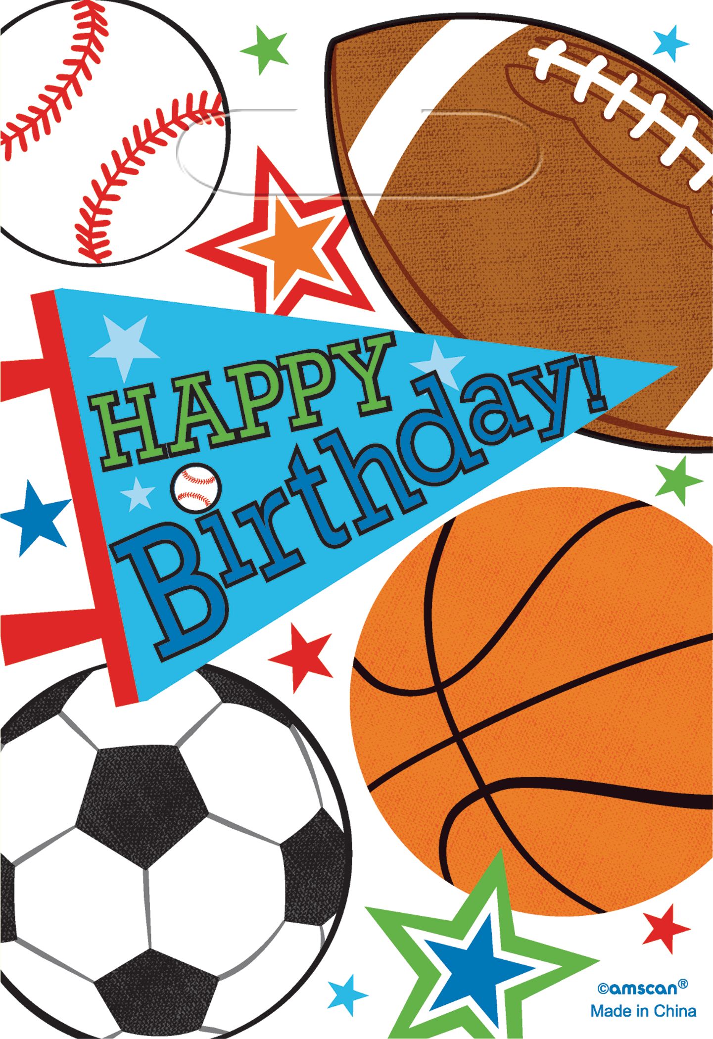 Football/Basketball/Soccer/Baseball "Happy Birthday" Paper Gift Bags, Blue/Orange/Red, 7.5-in, 8-pk, for Birthday Party Front_Flat