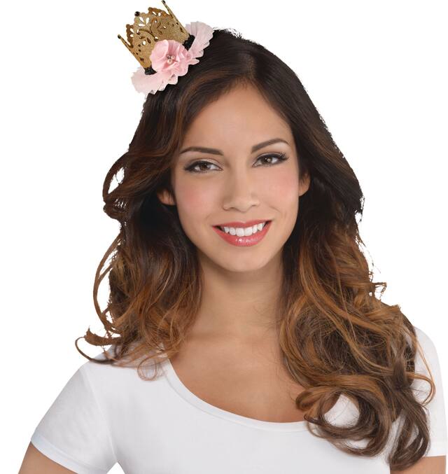 Glitter Gold & Pink Mini Crown Hair Clip Front_Flat