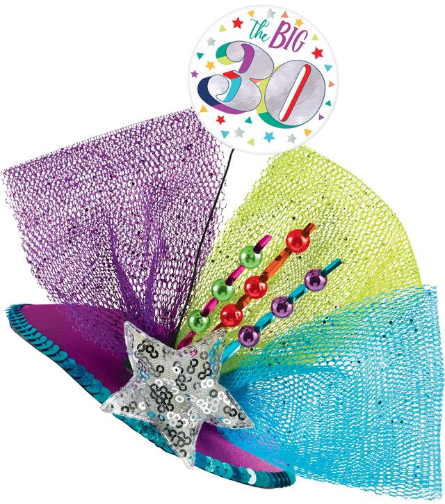 Chapeau bibi à pince The Big 30 arc-en-ciel prismatique, multicolore, taille unique, accessoires à porter pour les anniversaires Front_Three_Fourths_Angled_Left