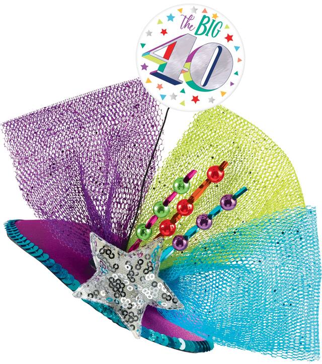 Clip-On Prismatic Multicolour 40th Birthday Fascinator Hat Front_Three_Fourths_Angled_Left