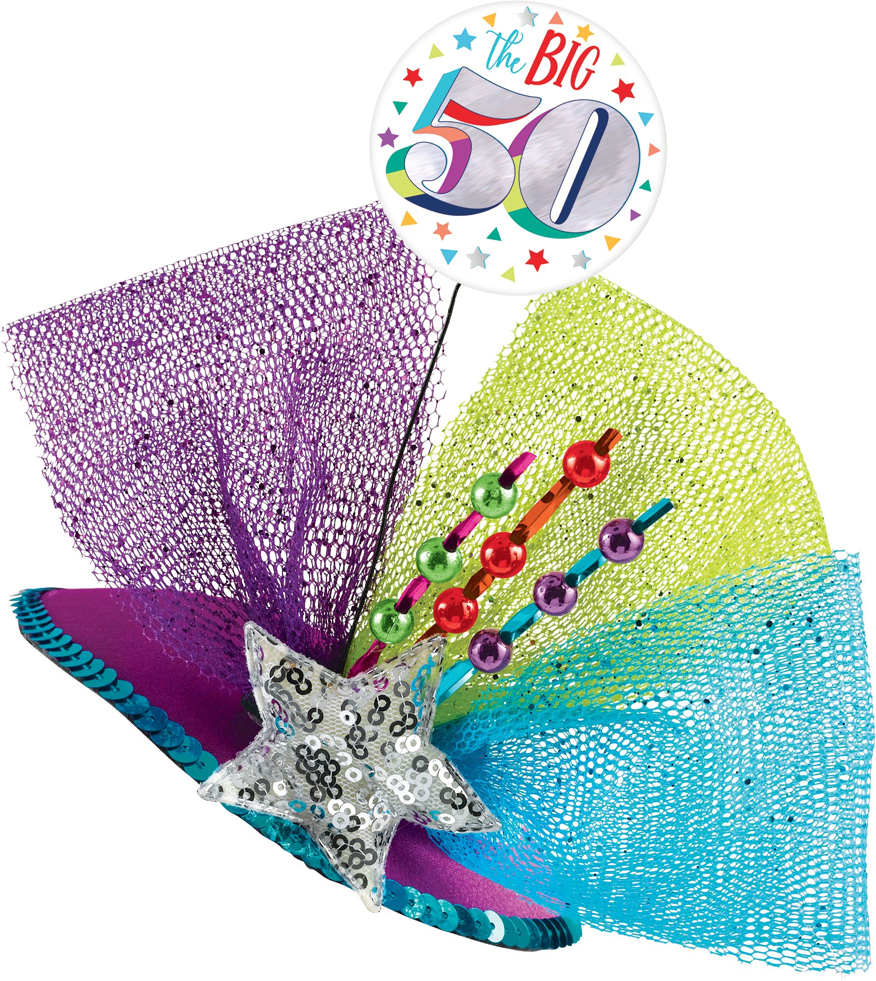 Prismatic Rainbow "The Big 50" Clip-On Fascinator Hat, Multi-Coloured, One Size, Wearable Accessories for Birthdays Front_Three_Fourths_Angled_Left