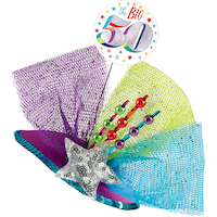 Prismatic Rainbow "The Big 50" Clip-On Fascinator Hat, Multi-Coloured, One Size, Wearable Accessories for Birthdays Front_Three_Fourths_Angled_Left