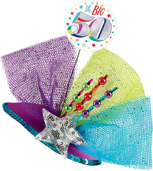 Prismatic Rainbow "The Big 50" Clip-On Fascinator Hat, Multi-Coloured, One Size, Wearable Accessories for Birthdays Front_Three_Fourths_Angled_Left