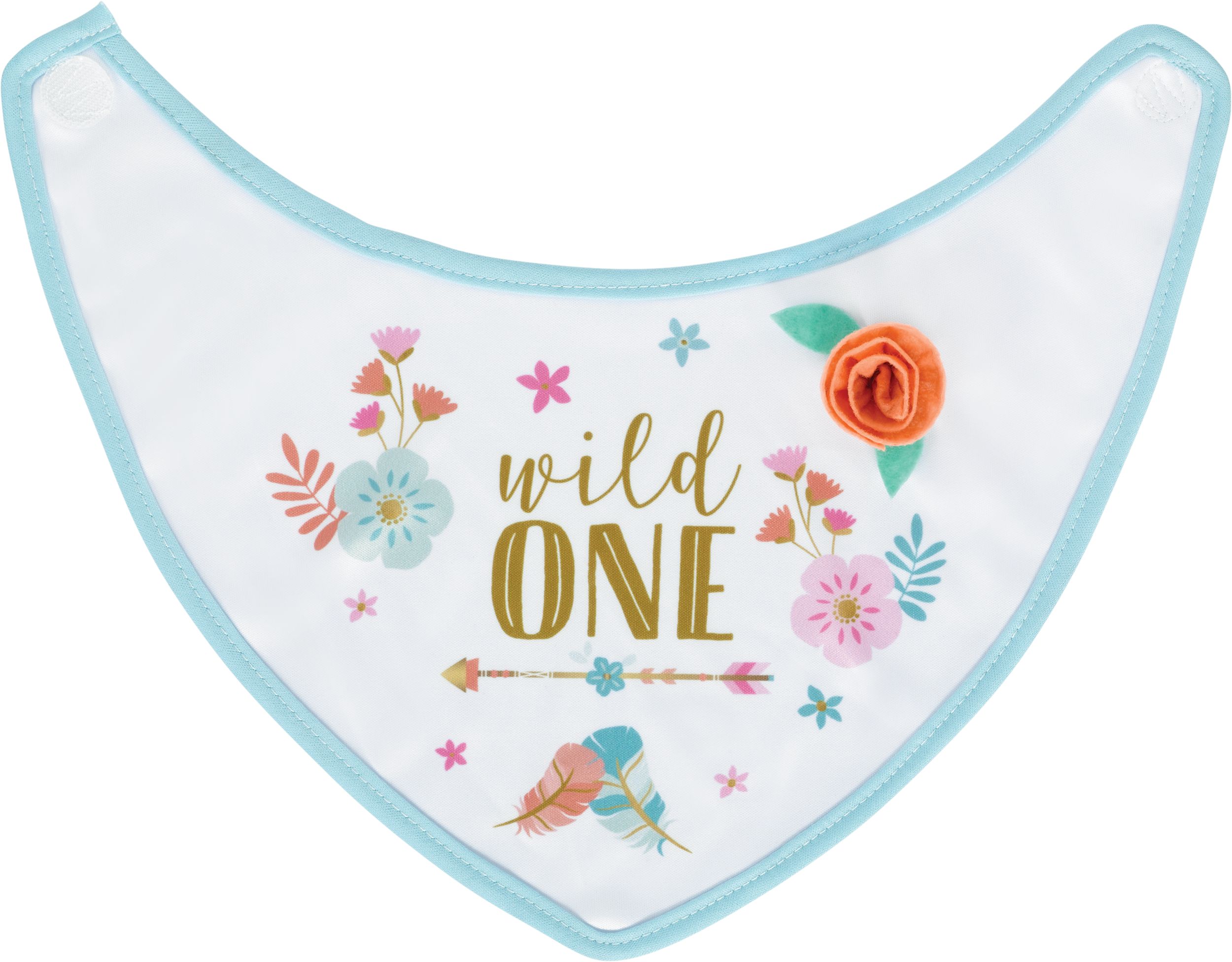 Boho Girl 1st Birthday Bib features Flowers and Feathers Overhead_Flat