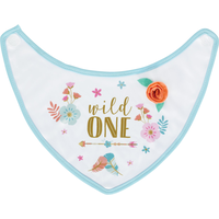 Boho Girl 1st Birthday Bib features Flowers and Feathers Overhead_Flat