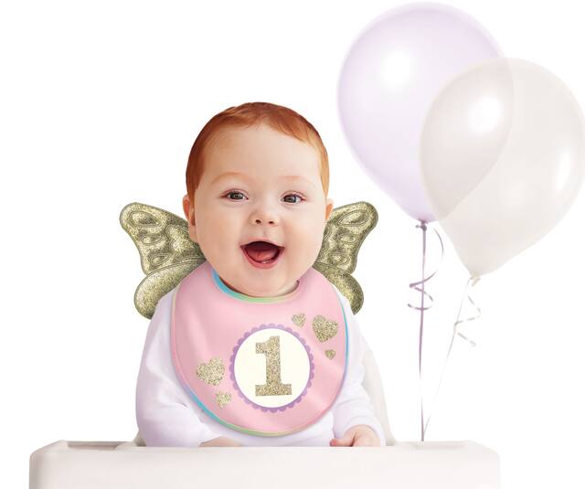 Bavoir 1<sup>er</sup> anniversaire, or/rose, taille unique, accessoire à porter pour anniversaires Front_Flat