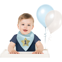 1st Birthday Star Bib, Blue/Gold Striped, One Size, Wearable Accessory for Birthdays Front_Flat