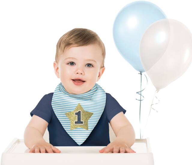 1st Birthday Star Bib, Blue/Gold Striped, One Size, Wearable Accessory for Birthdays Front_Flat