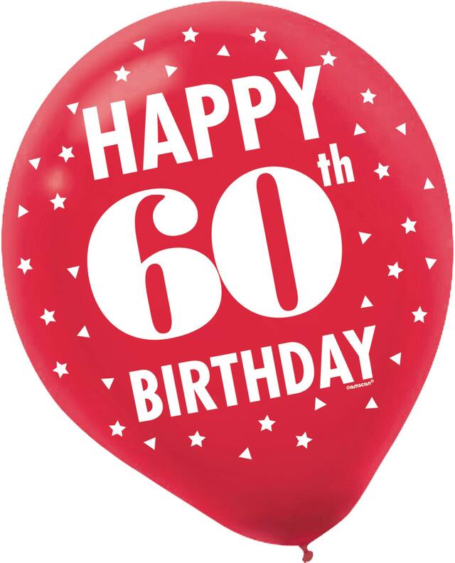 Ballons en latex étape 60e anniversaire avec message Happy 60th Birthday, paq. 15 Front_Flat