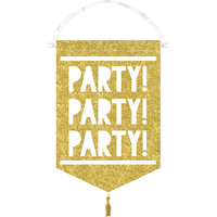 Bannière en toile Party, Signe des temps, or scintillant Front_Flat