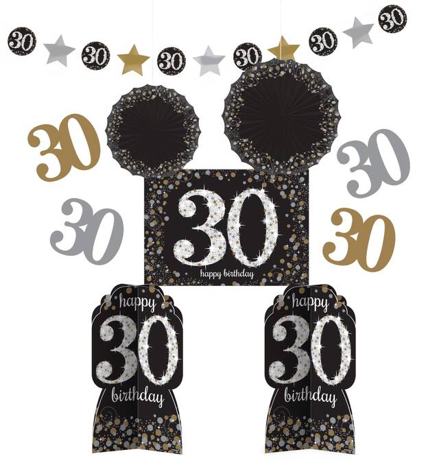 Sparkling Celebration "Happy 30th Birthday" Room & Table Centerpiece Decorating Kit, Black/Gold/Silver, Polka Dot, 10-in, 10-pk, for Birthday Party Front_Flat