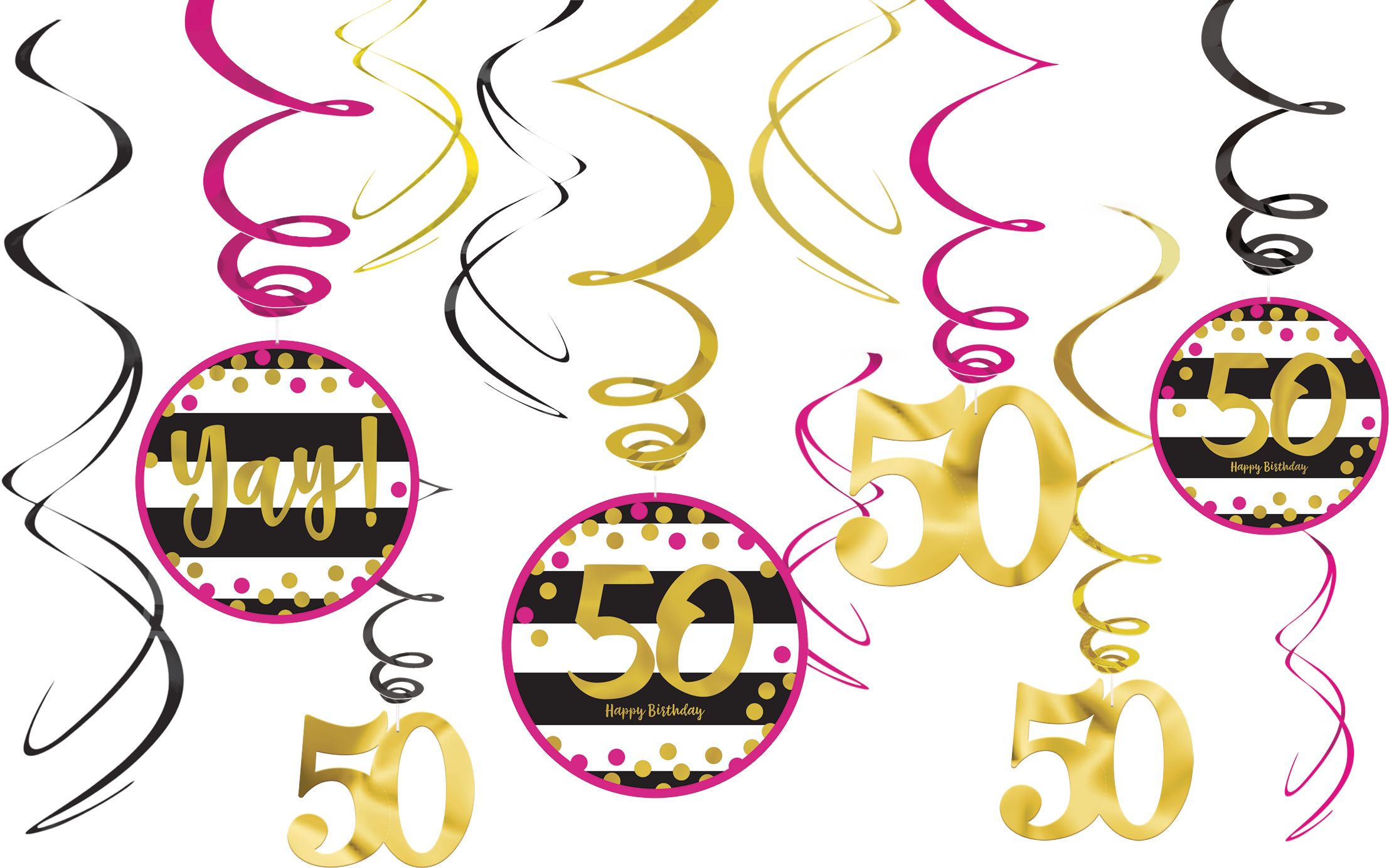 Décorations en spirale 50e anniversaire, rose et doré, 12p Front_Flat