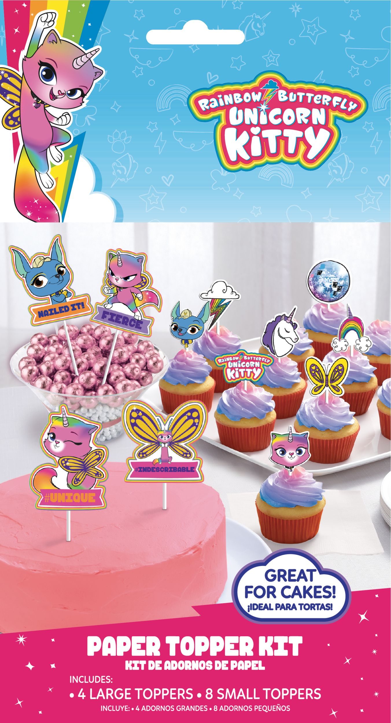 Rainbow Butterfly Unicorn Kitty Cake Toppers, 12-pc Front_Flat